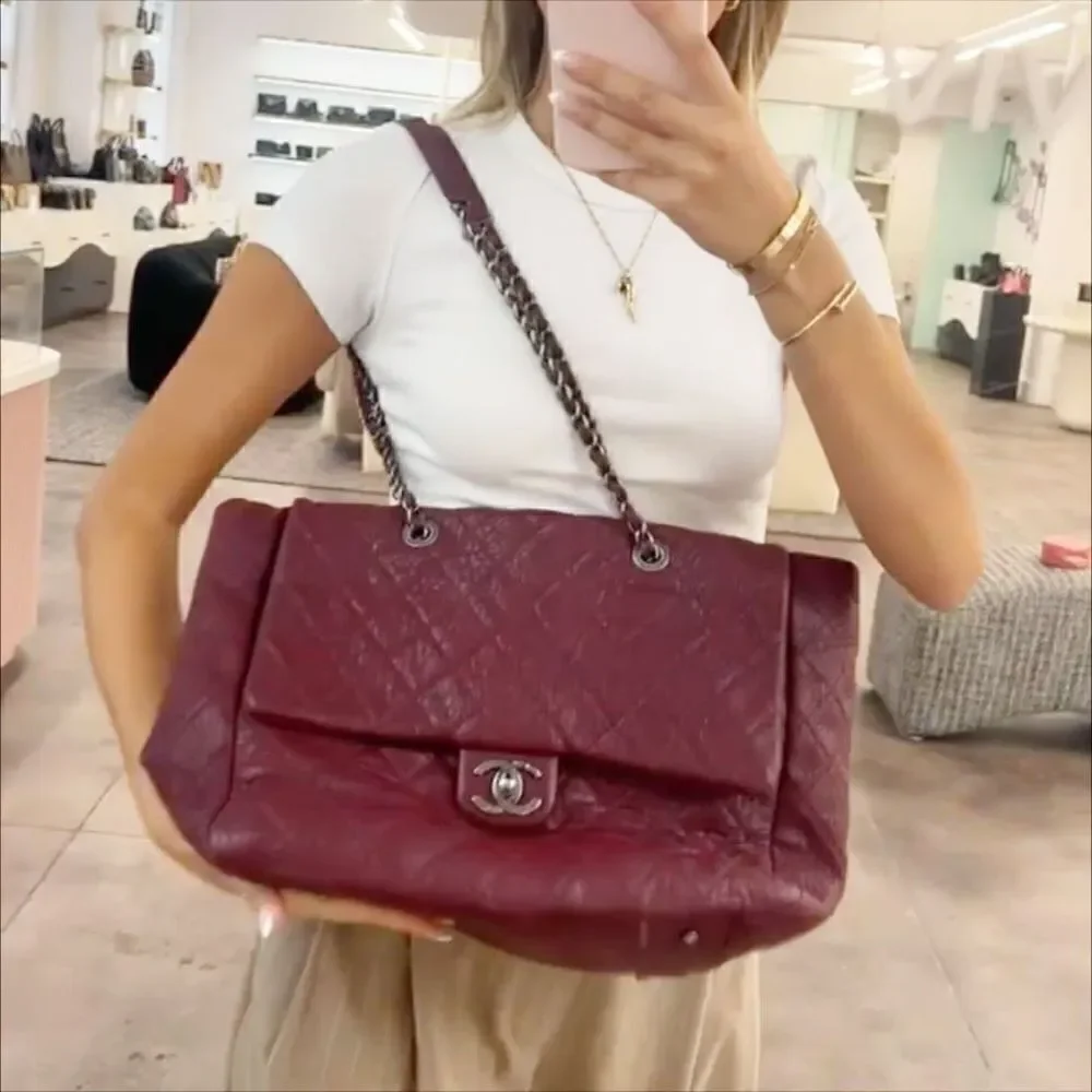 Chanel Large Duo Tote Bag Burgundy Calfskin Ruthenium Gunmetal Hardware Preowned